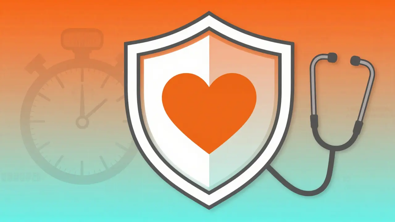 Hexagon shield protecting a heart icon in retro emergency poster style.