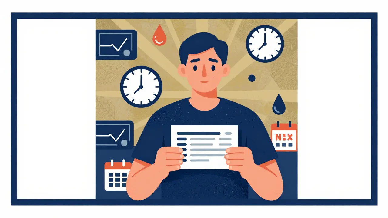 Patient holding medication card surrounded by health monitoring symbols