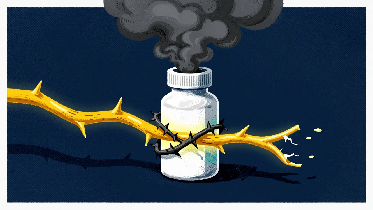 Pills turning into dark vines damaging a glowing nerve fiber