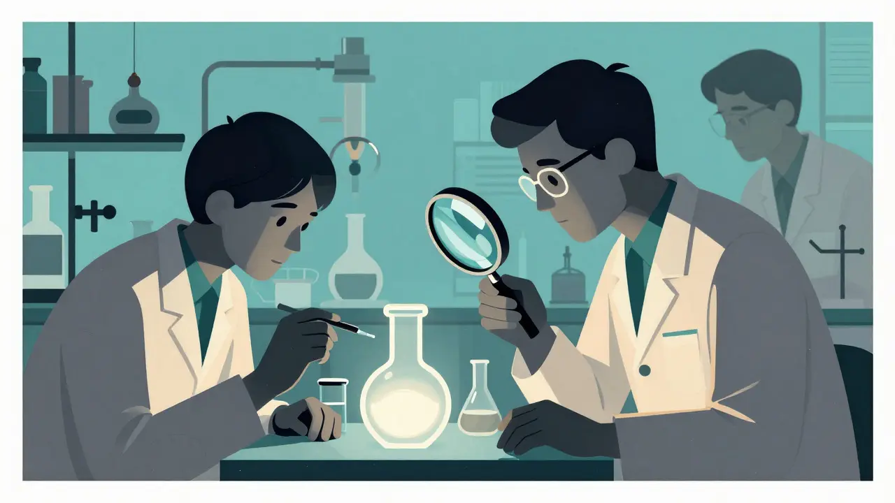 Researchers examining medicine vial with magnifying glass under bright lights.