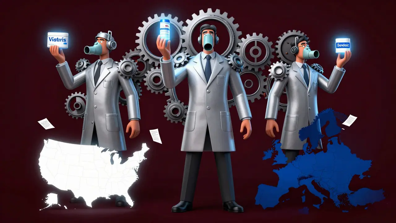 Three pharmaceutical companies as towering figures holding combination products, with a symbolic map showing U.S. and EU regulatory divergence.