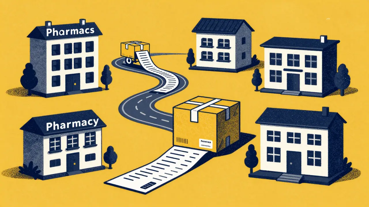 Abstract graphic representation of the process of ordering prescription medication online.