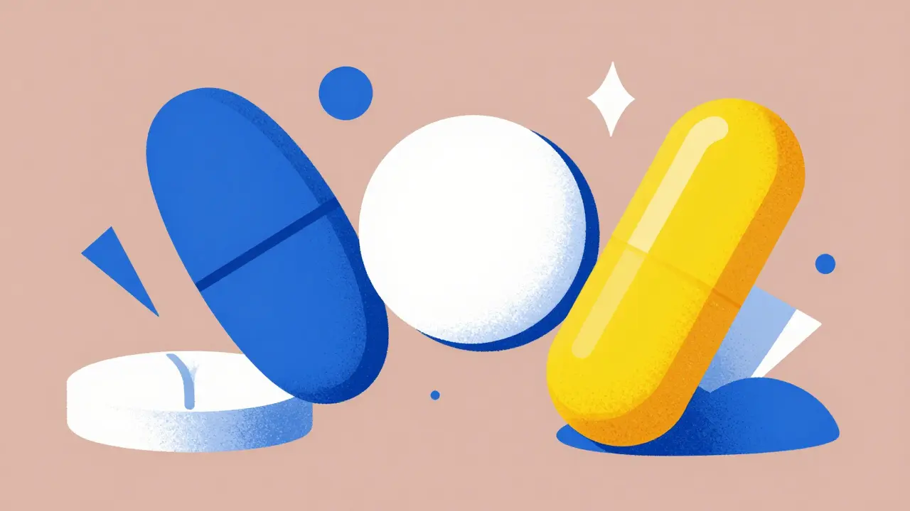 Abstract graphic showing different colored and shaped pills in a minimalist artistic style.