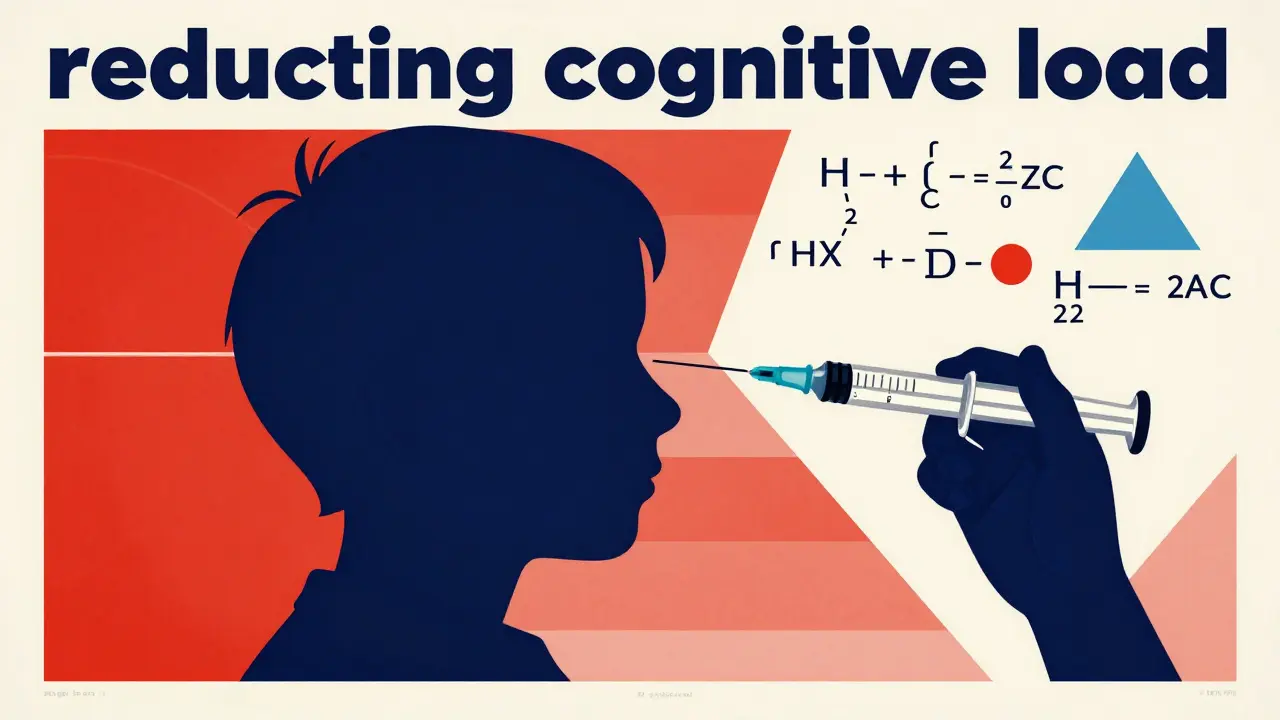 Abstract poster showing a syringe being matched to a color-coded weight chart for pediatric dosing.