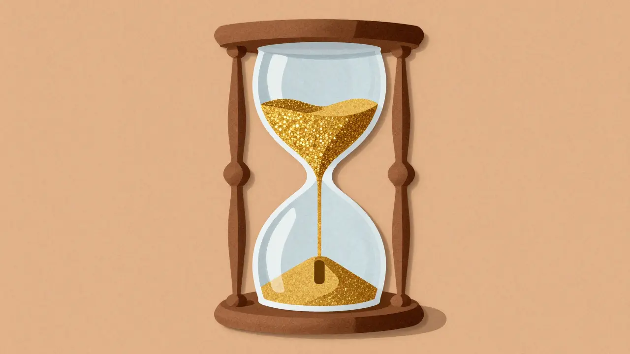 Conceptual art of an hourglass with golden sand filling a narrow sleep window slot.