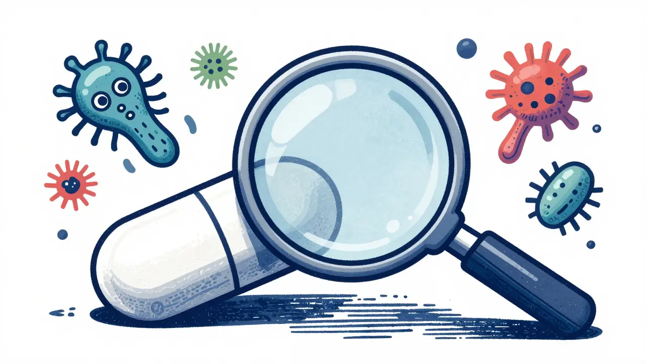 Conceptual illustration of a medicine tablet and gut bacteria under a magnifying glass.