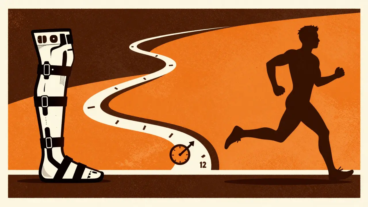 Conceptual illustration showing the progression from a knee brace to an active, healthy leg.