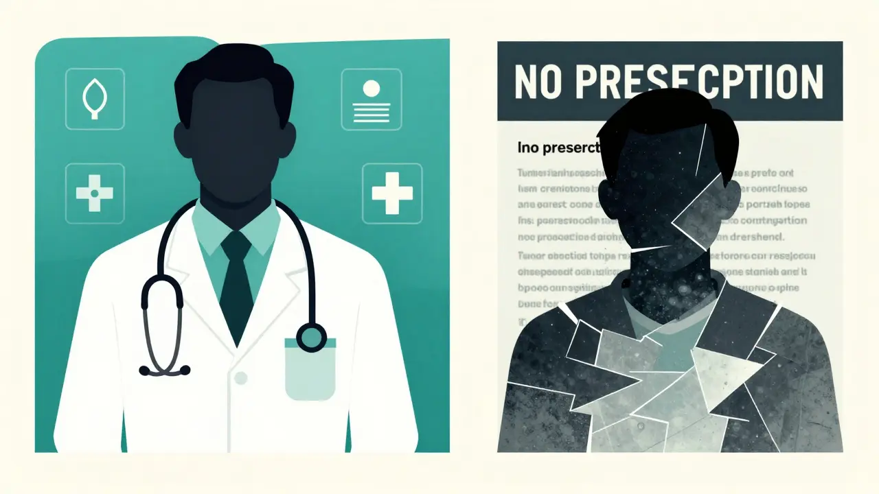 Graphic art contrasting a professional medical consultation with a fraudulent pharmacy website.