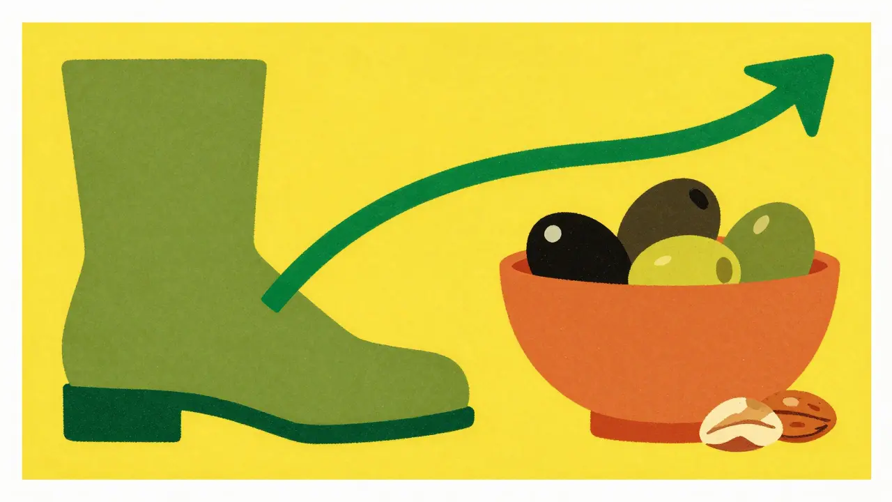 Graphic icons of walking shoes and healthy food with a rising green line symbolizing health recovery.