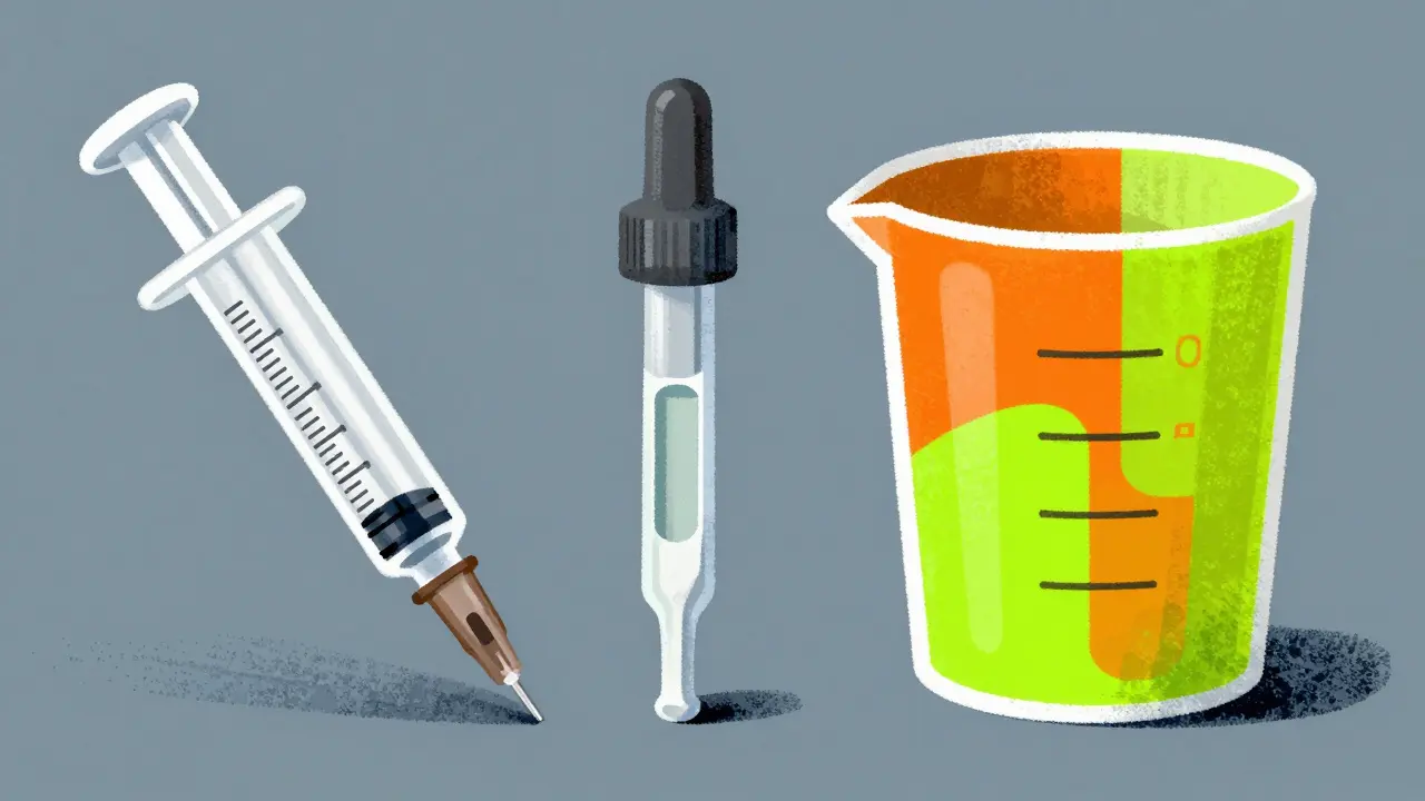 Graphic illustration of an oral syringe, a dropper, and a measuring cup with safety markers.