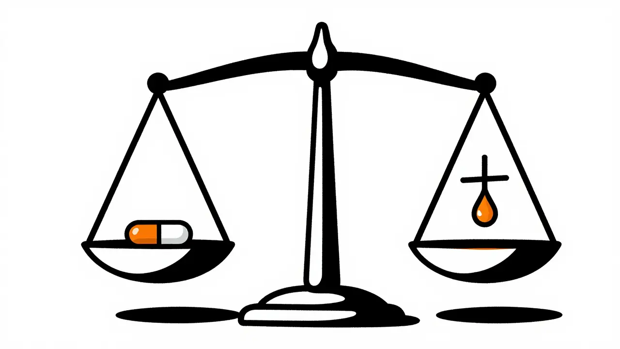 Stylized balance scale representing medical precision and drug dosage equilibrium.