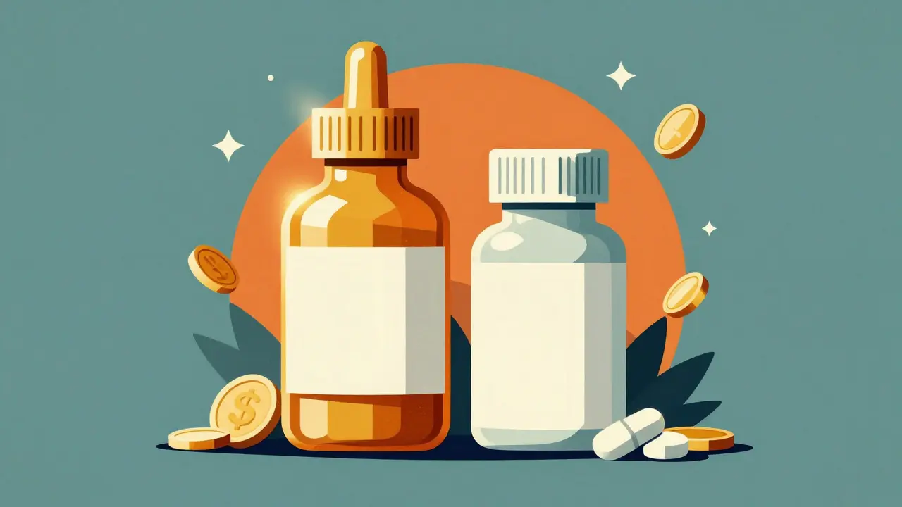 Stylized comparison of an expensive brand-name medicine bottle and a budget generic version.