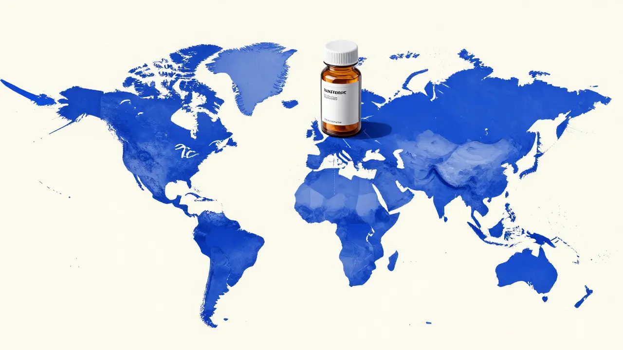 Stylized map showing the shipment of medication between Canada and the US.