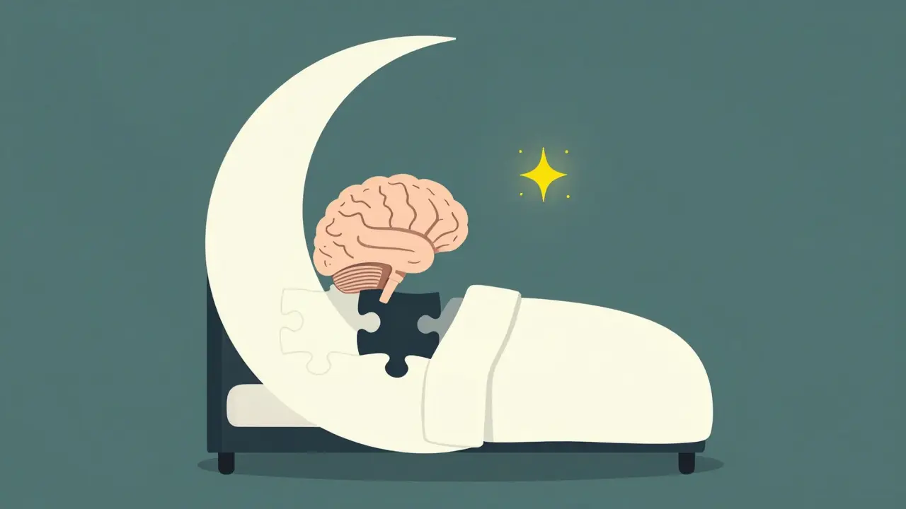 Symbolic illustration of a brain fitting perfectly into a moon-shaped bed.